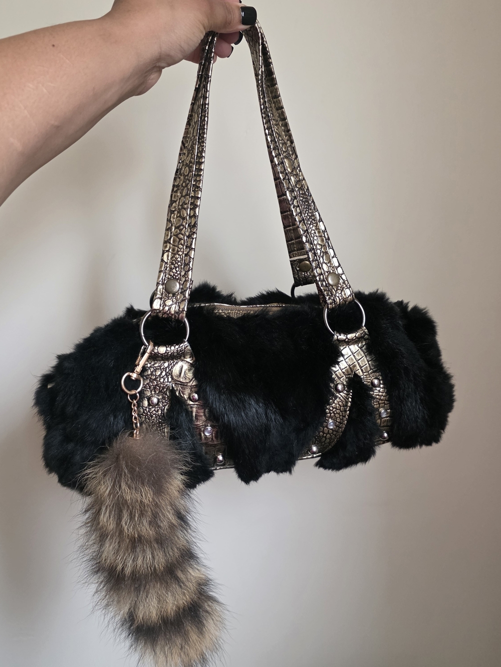 Black Fur Barrel Bag with Metallic Croc-Effect Handles